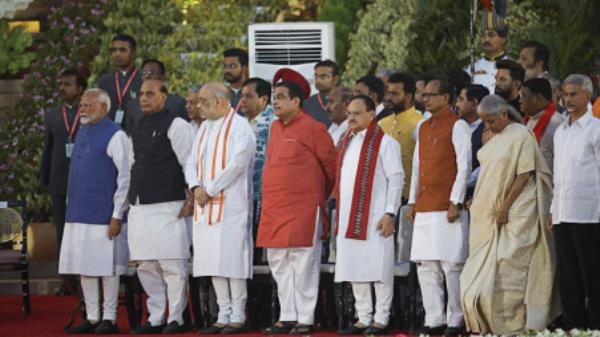 India's Prime Minister Narendra Modi, Nitin Gadkari and Amit Shah attend the swearing-in ceremony at the presidential palace in New Delhi, India, June 9, 2024. REUTERS/Adnan Abidi