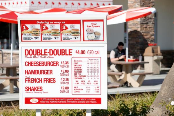 In-N-Out Burger drive-thru menu with cars and people in Pleasant Hill, California.