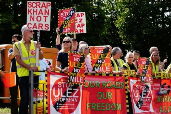 People take part in a protest against the proposed ultra-low emission zone (Ulez) expansion in Orpington, London. Mayor of Lo<em></em>ndon Sadiq Khan will extend the Ulez area to cover the whole of the capital from August 29. This means many more drivers of vehicles that do not meet minimum emissions standards will be liable for a daily 12.50 fee. Picture date: Saturday August 19, 2023. PA Photo. See PA story PROTEST Ulez. Photo credit should read: Victoria Jones/PA Wire