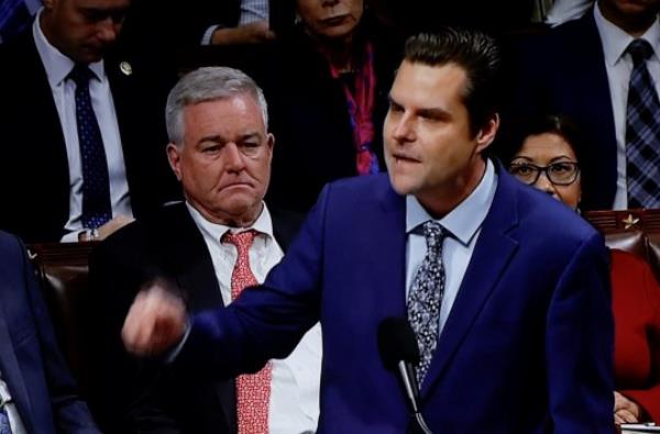 Rep Matt Gaetz speaks on the House floor in favor of his motion to vacate the chair of House Speaker Kevin McCarthy and end his leadership