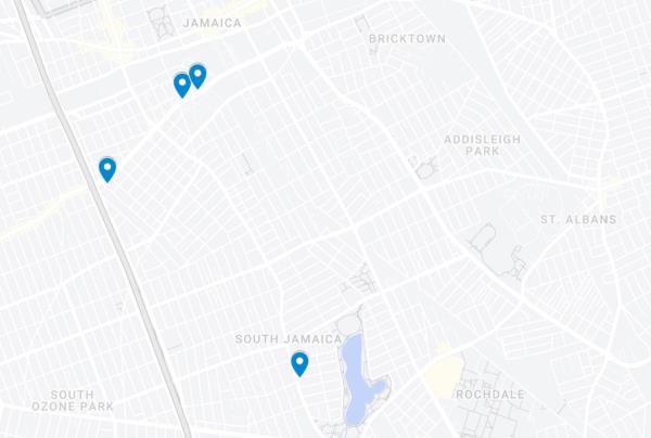 A map outlining the four listings throughout Queens, New York. 