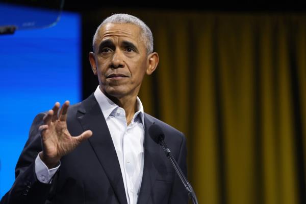 Former U.S. President Barack Obama speaking at a Democracy Forum event held by the Obama Foundation at the Javits Center in New York City