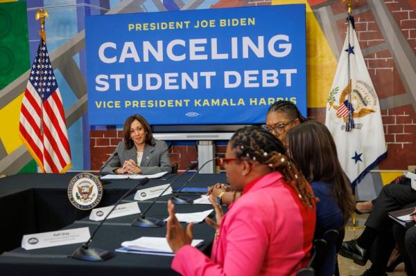 Vice President Kamala Harris listens to Kelli Gray, Social Work Services Manager, Philadelphia Department of Human Services express her experience with her perso<em></em>nal struggle with student debt on Monday, April 8, 2024 in Philadelphia. 
