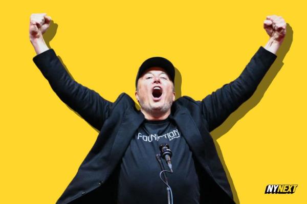 Elon Musk with his mouth open and arms raised, representing NY Next DOGE assets