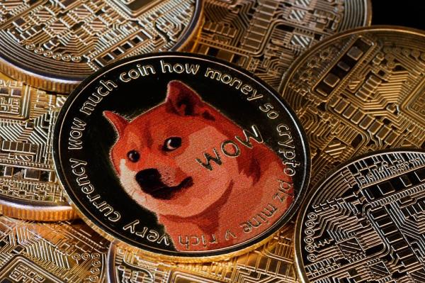 Digital representation of Dogecoin cryptocurrency displayed with gold and silver coins, Paris, France, November 12, 2024.