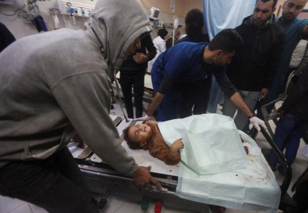 An injured child in a hospital in Khan Younis after Israeli shelling on Dec. 28, 2023.