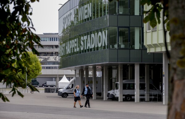 Outside view of the Ernst Happel stadium in Vienna on Thursday, Aug.8, 2024. Organizers of three Taylor Swift co<em></em>ncerts in the stadium in Vienna this week called them off on Wednesday after officials announced arrests over an apparent plot to launch an attack on an event in the Vienna area such as the concerts. (AP Photo/Heinz-Peter Bader)