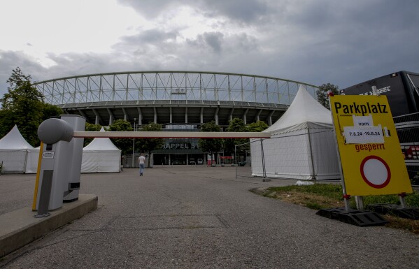 Outside view of the Ernst Happel stadium in Vienna on Thursday, Aug.8, 2024. Organizers of three Taylor Swift co<em></em>ncerts in the stadium in Vienna this week called them off on Wednesday after officials announced arrests over an apparent plot to launch an attack on an event in the Vienna area such as the concerts. (AP Photo/Heinz-Peter Bader)