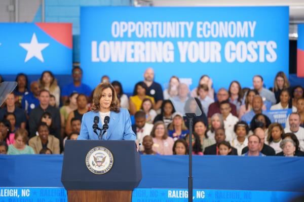 Vice President Kamala Harris unveiled her eco<em></em>nomic plans at a campaign event in Raleigh on Aug. 16, 2024.