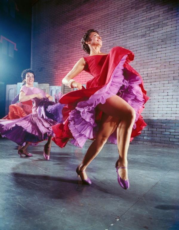 Actresses Chita Rivera (R) and Liane Plane dancing in a scene fr. the Broadway production of West Side Story.