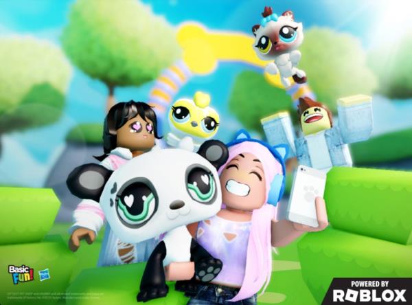 A cartoon character taking a selfie with a group of Littlest Pet Shop characters, symbolizing the upcoming immersive digital play experience on Roblox.