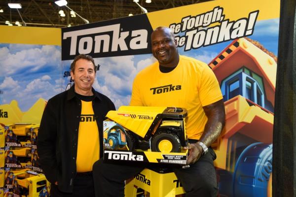 Shaquille O'Neal and Jay Foreman presenting new To<em></em>nka truck toys at Toy Fair New York, 2020