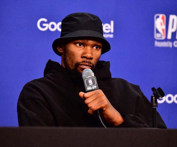 Kevin Durant #35 of the Phoenix Suns talks to the media after Game 6 of the 2023 NBA Playoffs Western Co<em></em>nference semi-finals on May 11, 2023 at Footprint Center in Phoenix, Arizona. 