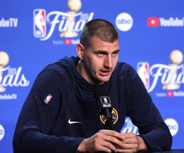 Nikola Jokic of the Denver Nuggets speaks to the media during 2023 NBA Finals Practice and Media Availability on June 6, 2023 at the Kaseya Center in Miami, Florida.  