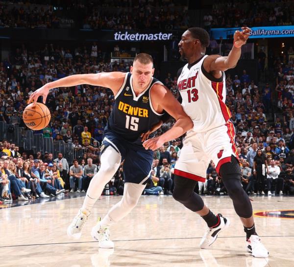 Nikola Jokic #15 of the Denver Nuggets dribbles the ball during Game Two of the 2023 NBA Finals on June 4, 2023 at the Ball Arena in Denver, Colorado.  