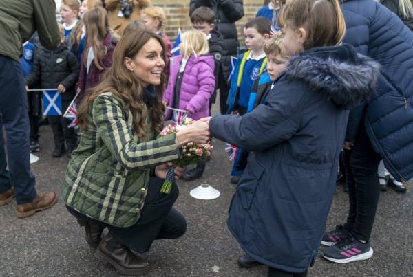 Catherine, Princess of Wales, known as the Duchess of Rothesay when in Scotland, meets pupils from Burghead Primary School.