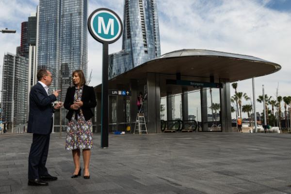 Sydney Metro chief executive Peter Regan and Transport Minister Jo Haylen in front of the entrance to the Barangaroo metro station.