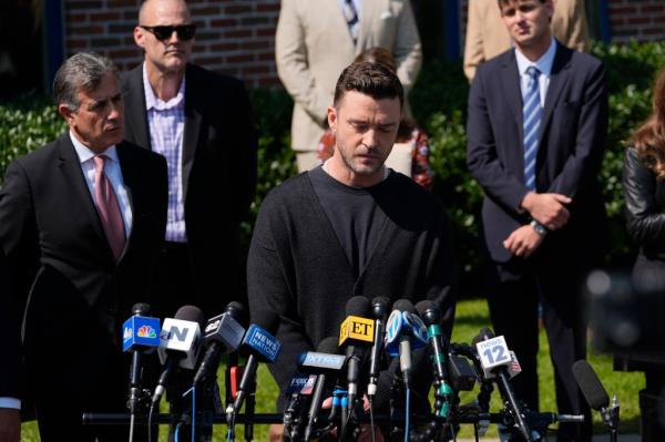 Justin Timberlake speaks to the press after a court hearing, Friday, Sept. 13, 2024, in Sag Harbor, N.Y. 