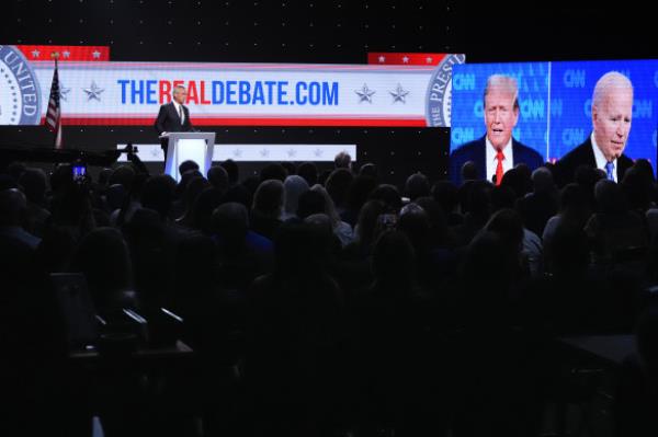 Independent presidential candidate Robert F. Kennedy Jr. talks during a campaign event held during the presidential debate.