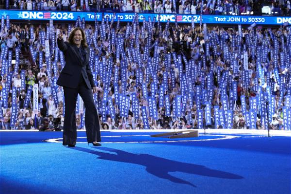 US Vice President Kamala Harris arrives to speak on the final day of the Democratic Natio<em></em>nal Convention. 