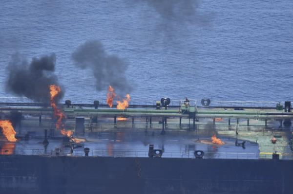 Fires burning aboard the oil tanker Sounio<em></em>n in the Red Sea on August 25. 