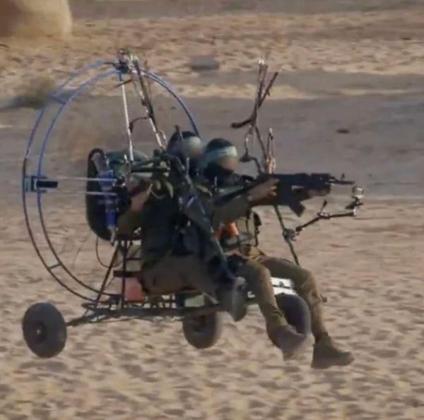 A Hamas video showing two terrorists on a powered hang-glider apparently during its attack on Israel