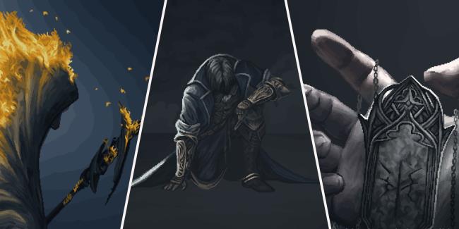 Left: a character is burning - Middle: the main character in the game sitting - Right: a hand holding a necklace the Last Faith