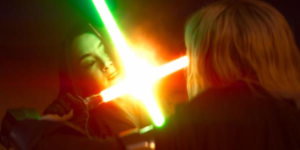 Sabine and Shin engage in a lightsaber fight in Ahsoka episode 1